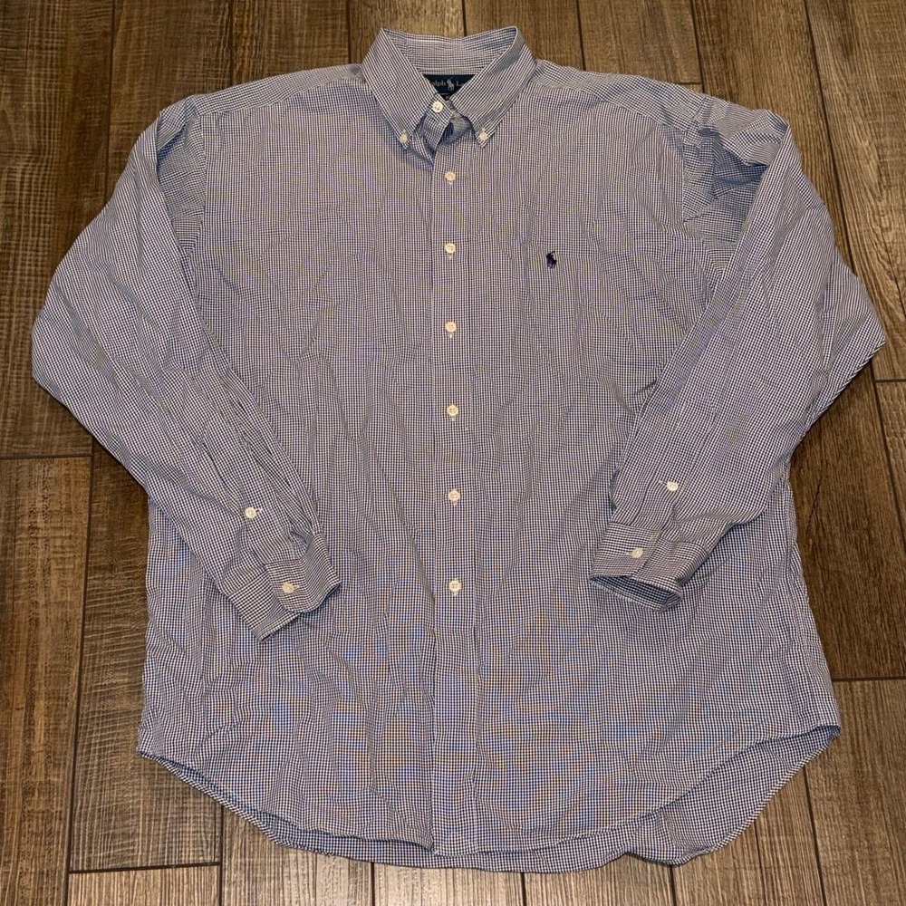 Ralph Lauren Blake Mens Large Blue Gingham Check 100% Two-Ply Cotton Button Down